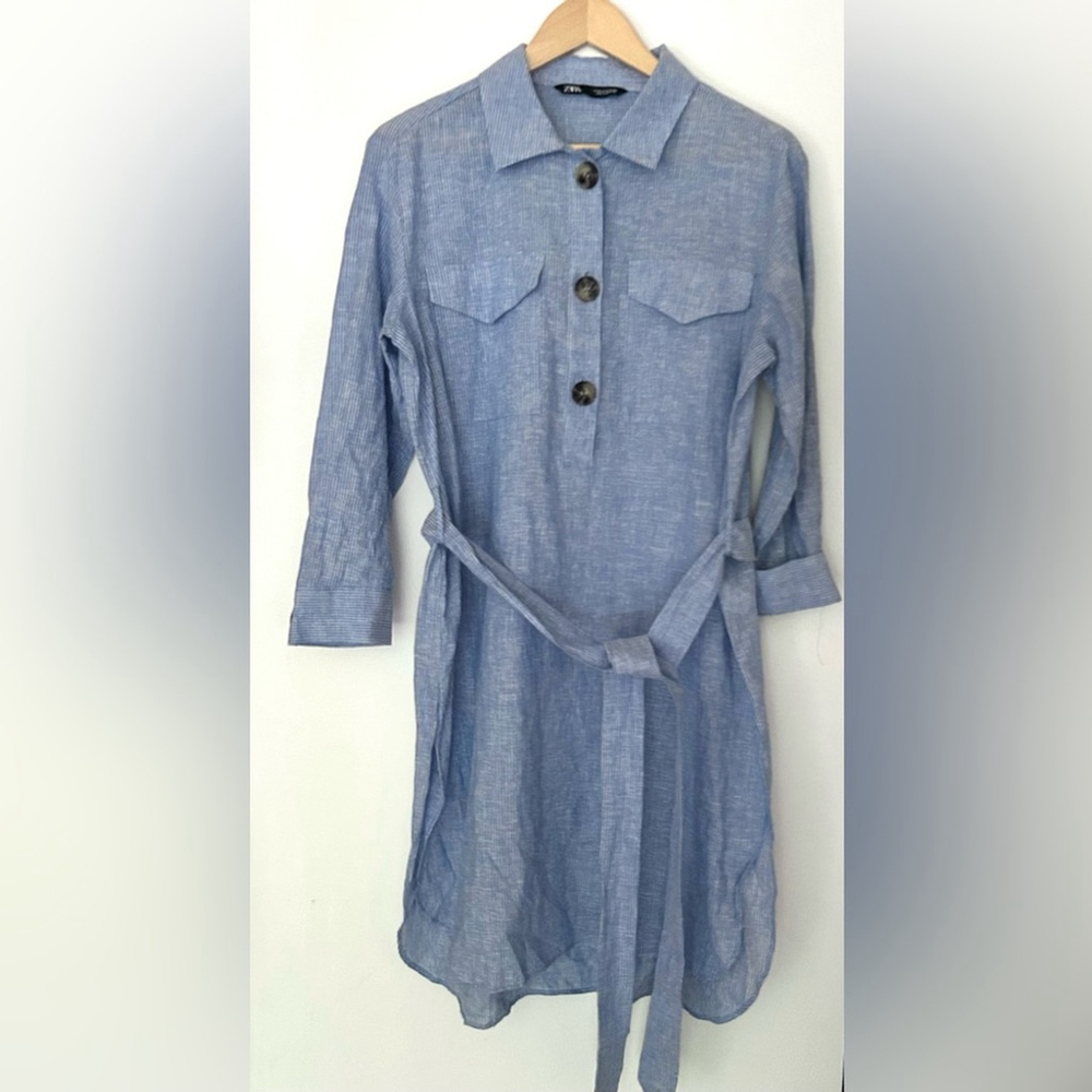 Zara linen cotton blend Shirt Dress Blue Button-Up belter striped small - Picture 4 of 9